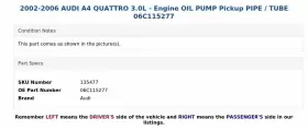 06c115277 Audi 2002-2006 A4 Quattro 3.0l - Engine Oil Pump Pickup Pipe / Tube #3