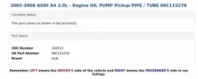 06c115278 Audi 2002-2006 A4 3.0l - Engine Oil Pump Pickup Pipe / Tube #3