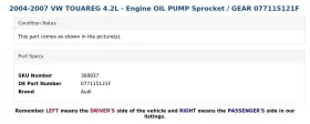 077115121f Audi 2004-2007 Vw Touareg 4.2l - Engine Oil Pump Sprocket / Gear #3