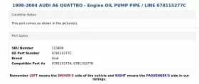 078115277c Audi 1998-2004 A6 Quattro - Engine Oil Pump Pipe / Line #3