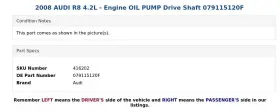 079115120f Audi 2008 R8 4.2l - Engine Oil Pump Drive Shaft #3