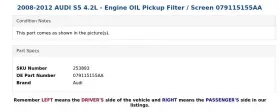 079115155aa Audi 2008-2012 S5 4.2l - Engine Oil Pickup Filter / Screen #3
