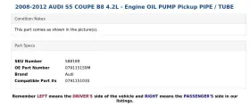 079115159m Audi 2008-2012 S5 Coupe B8 4.2l - Engine Oil Pump Pickup Pipe / Tube #3