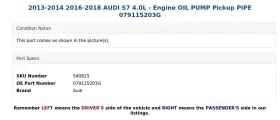 079115203g Audi 2013-2014 2016-2018 S7 4.0l - Engine Oil Pump Pickup Pipe #3