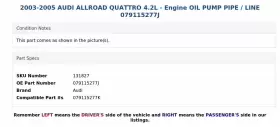079115277j Audi 2003-2005 Allroad Quattro 4.2l - Engine Oil Pump Pipe / Line #3