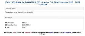 11417503259 Bmw 2003-2005 Z4 Roadster E85 - Engine Oil Pump Suction Pipe / Tube 7503259 #3