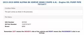 11417572477 Bmw 2015-2019 Alpina B6 Xdrive Gran Coupe 4.4l - Engine Oil Pump Pipe 7572477 #3