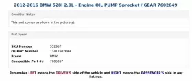 11417602649 Bmw 2012-2016 528i 2.0l - Engine Oil Pump Sprocket / Gear 7602649 #3