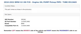 11418513665 Bmw 2018-2022 X2 28i F39 - Engine Oil Pump Pickup Pipe / Tube 8513665 #3