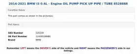 11418528888 Bmw 2014-2021 I3 0.6l - Engine Oil Pump Pick Up Pipe / Tube 8528888 #3