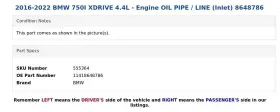11418648786 Bmw 2016-2022 750i Xdrive 4.4l - Engine Oil Pipe / Line Inlet 8648786 #3