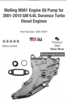 M561 Melling Automotive Pro. Engine Oil Pump For 2001-2010 Gm 6.6l Duramax New