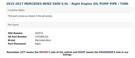 2751861215 Mercedes-benz 2015-2017 S600 6.0l - Right Engine Oil Pump Pipe / Tube #3