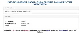 94610703030 Porsche 2015-2018 Macan - Engine Oil Pump Suction Pipe / Tube #3
