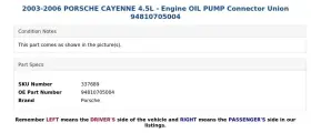 94810705004 Porsche 2003-2006 Cayenne 4.5l - Engine Oil Pump Connector Union #3