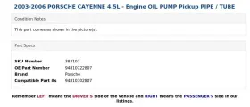 94810722807 Porsche 2003-2006 Cayenne 4.5l - Engine Oil Pump Pickup Pipe / Tube #3