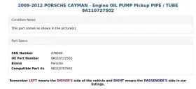 9a110727502 Porsche 2009-2012 Cayman - Engine Oil Pump Pickup Pipe / Tube #3