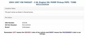 021115251a Volkswagen 1993-1997 Vw Passat - 2.8l Engine Oil Pump Pickup Pipe / Tube #3