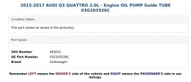 03g103526c Volkswagen 2015-2017 Audi Q3 Quattro 2.0l - Engine Oil Pump Guide Tube #3