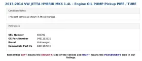 04e115251e Volkswagen 2013-2014 Vw Jetta Hybrid Mk6 1.4l - Engine Oil Pump Pickup Pipe / Tube #3