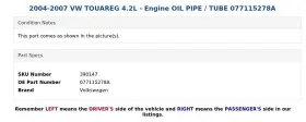 077115278a Volkswagen 2004-2007 Vw Touareg 4.2l - Engine Oil Pipe / Tube #3