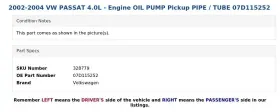 07d115252 Volkswagen 2002-2004 Vw Passat 4.0l - Engine Oil Pump Pickup Pipe / Tube #3