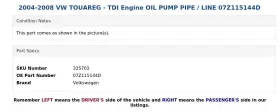 07z115144d Volkswagen 2004-2008 Vw Touareg - Tdi Engine Oil Pump Pipe / Line #3